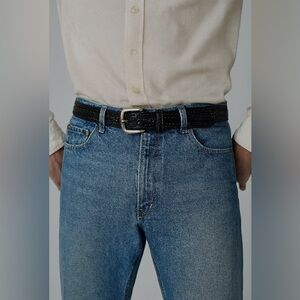 Vintage Western Rustic Tooled Leather Belt Black Silver Buckle Braided Sz 34